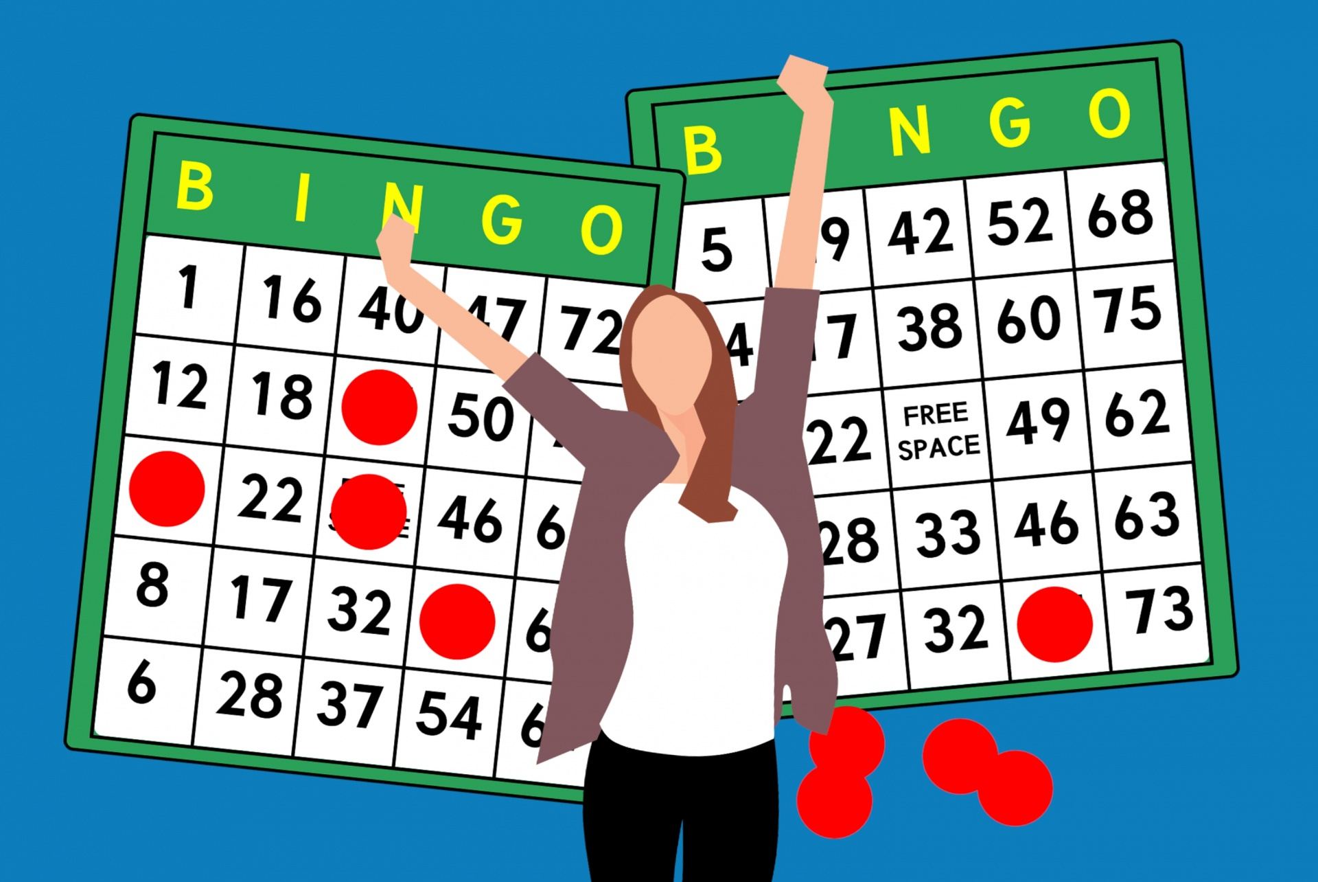 Ein Bild von zwei Bingo Scheinen, eine Frau springt!